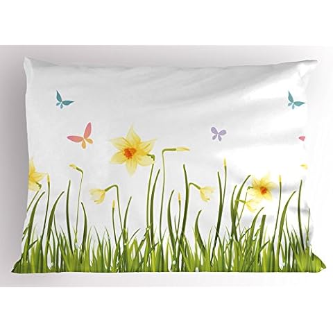 Lunarable Daffodils Pillow Sham with Butterflies Cover