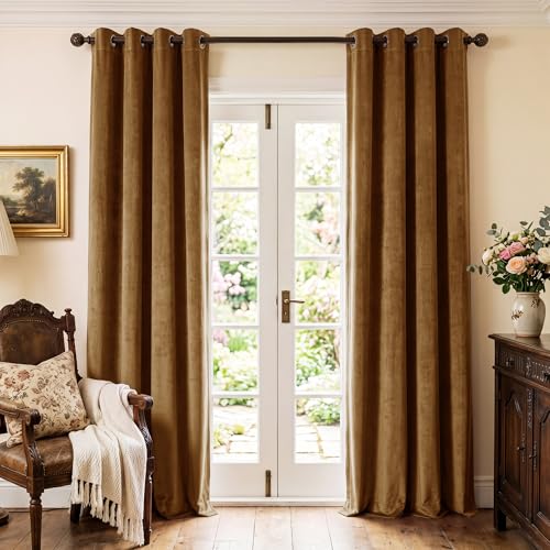 StangH Gold Brown Velvet Curtains for Bedroom, Luxury Retro Home Decor Blackout Thermal Insulated Privacy Window Treatments for Living Room, W52 x L90 Each Panel, 2 Panels