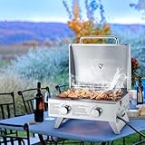 Giantex Portable Gas Grill with 2 Burner, Max. 20,000 BTU total, Folding Legs, Built-in Thermometer, Travel Locks, Stainless Steel Tabletop Propane Gas Grill for Camping Picnic Cookout RV BBQ