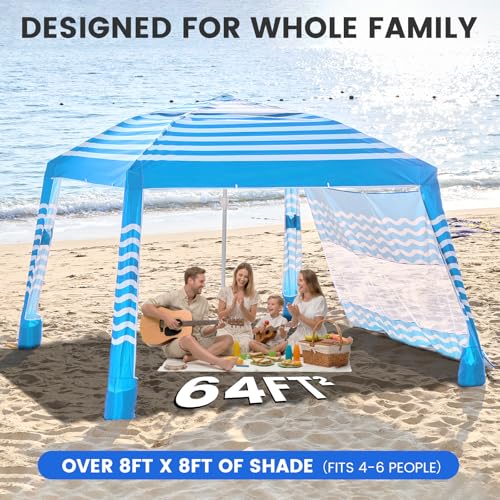 Zeraty Beach Cabana 8'×8', Portable Beach Canopy with Side Wall, UPF 50+ Silver-Coated Beach Tent Sun Shelter Easy Pop Up, Wind Resistant Adjustable Height Beach Umbrella Tent for Family, Sky Blue by Zeraty - Image 4