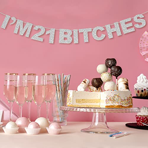 Lingteer I'm 21 Birthday Funny Silver Glitter Bunting Banner - Cheers To 21 Years Old 21St Birthday Party Photo Backdrop Decorations.[Pre-Strung] #TOP5