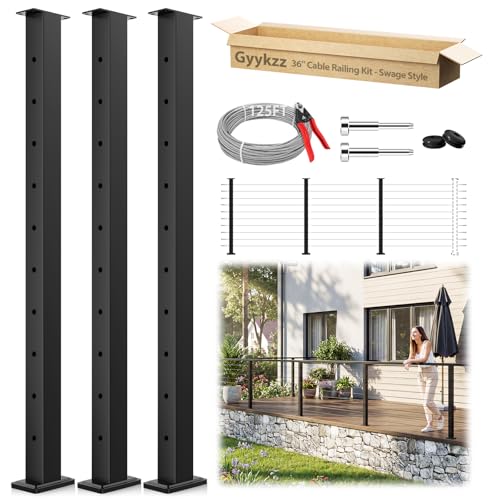 8-12FT Modular Cable Railing Kit for Deck 36Inch, 3 Level Black Post