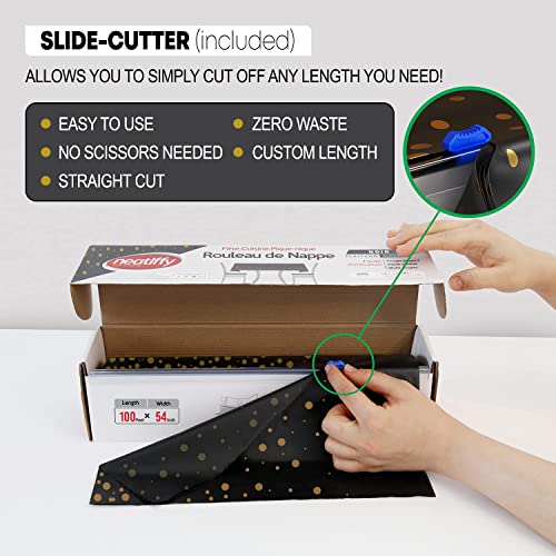 Neatiffy 54 In X 100 Ft - Disposable Plastic Table Cloth Roll With Slide Cutter | Waterproof Cover For Rectangle, Square, Oval Tables | Picnic, Party, Banquet, Birthdays, Weddings - Black Golden Dot #TOP2