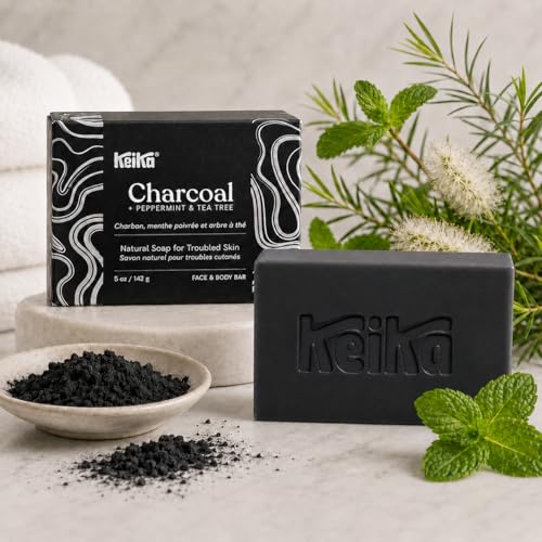 Image of Keika Charcoal Black Soap Bar for Eczema, Psoriasis, Face, Body, Men Women Teens with Oily Skin, 5 oz. (Charcoal, 6-Pack)