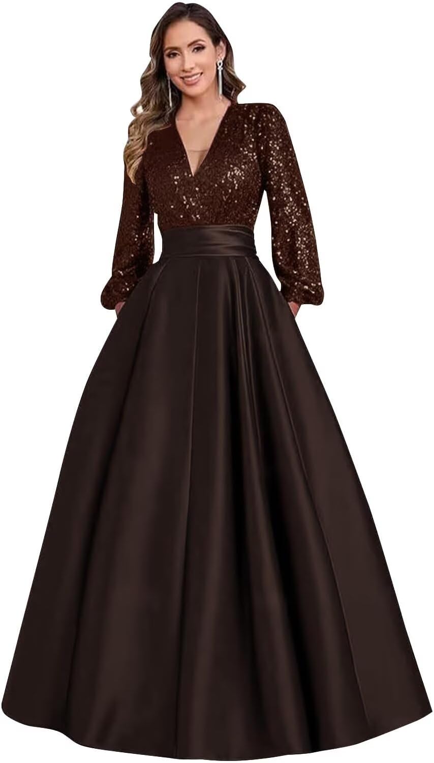 Sequin Satin Prom Dress Long Sleeve A Line Evening Gowns Long Cocktail Dresses for Women with Pockets