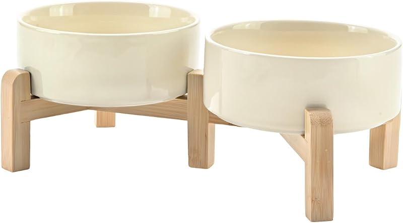 Comedouro elevado para cães e gatos de cerâmica com suporte de bambu ajustável SPUNKYJUNKY, 13,5 oz (384 g), Bege