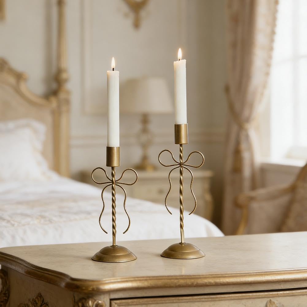 Bougeoir doré en métal avec nœud vintage pour décoration de table