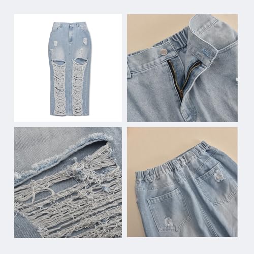 Denim Skirt with Slit Women Summer Casual Rip Elastic High Waisted Jean Skirt with Pockets Rave Wear4