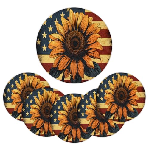 Mintoprints Juego de 6 manteles individuales redondos trenzados con diseño de girasol y bandera estadounidense, de 15 pulgadas, lavables para mesa de cocina y comedor