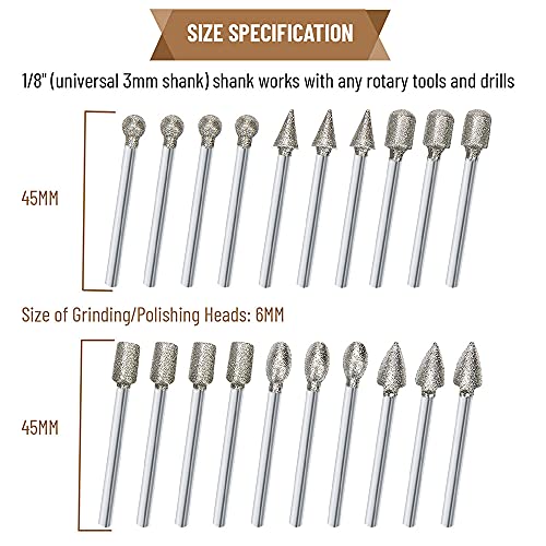 Stone Carving Set Polishing Diamond Burrs, Rotary Tools Accessories Grinding Burrs With 1/8 Inch Shank For Carving, Engraving, Grinding, Polishing Stone, Glass, Jewelry, Ceramics, Rock #TOP5