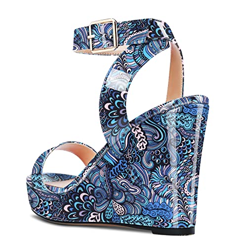 Image of Aachcol Women Platform Wedge Sandals Round Peep Open Toe Ankle Strap Slingback Two-Piece Chunky Block High Heel Dress Shoes Pumps Party Patent 4 Inch