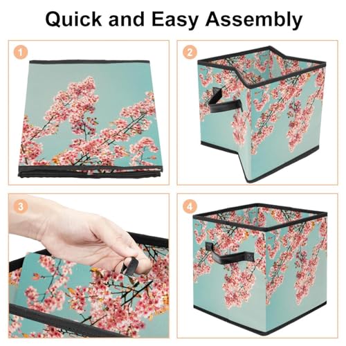 Boîte de rangement pliable cube rose cerise en tissu avec poignées - 5