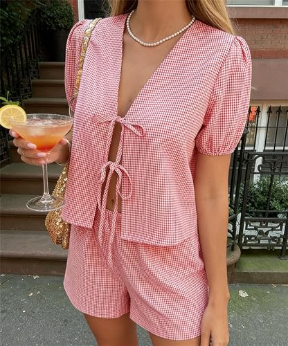 Image of Yuemengxuan Women Y2k Two Piece Plaid Lounge Sets Puff Sleeve Tie front Blouse Top High Waist Shorts Casual Pajamas Sets