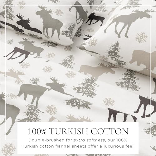 Image of Great Bay Home Flannel Sheet Set Full Size - 100% Turkish Cotton, Double-Brushed, Lodge-Printed Bed Sheets - Ultra-Soft, Cozy, 4-Piece Bedding Set (Moose)