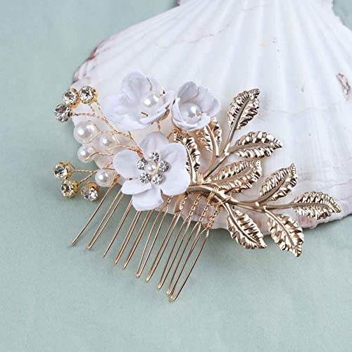 Erimberate Bohemian Crystal Flower Hair Comb Pearl Flower Hair Barrette Gold Leaf Headpiece Vintage Pearl Headwear Hairpiece Decorative Wedding Comb Hair Accessories Jewelry For Women And Girls Gifts (White Flower) #TOP2