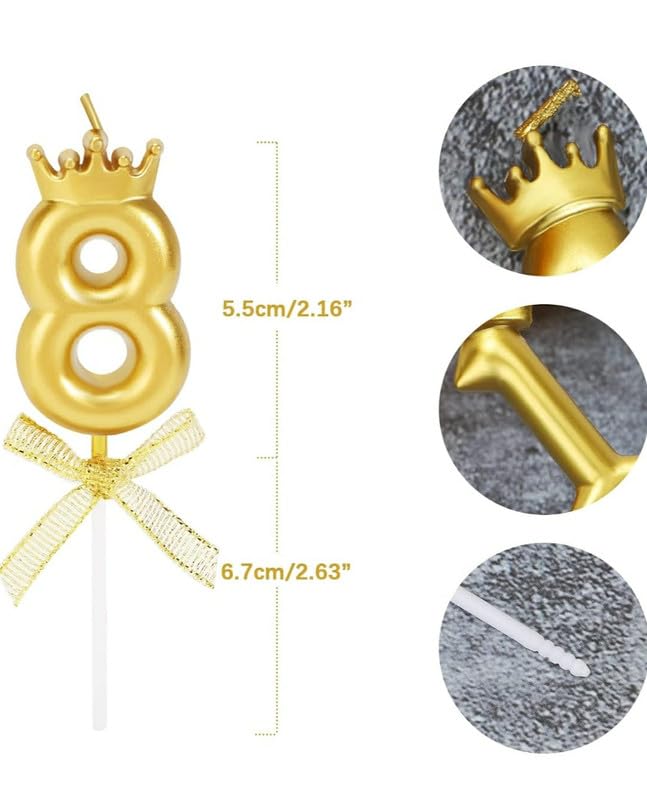 Image of Fun Affairs Number 8 Candle With Crown For Birthday, Wedding, Valentines Day Celebration, Bachelorette Cake Topper For Decoration, 1 Pc, Gold, Wax, Unscented