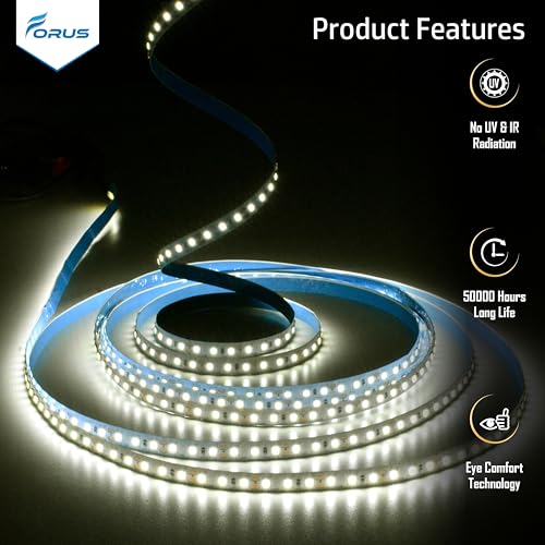 Image of Forus 5 Meter (5M) 8mm Natural White LED Strip Light, 120 LEDs /M Plug & Play Flexible Lighting for Home Decor, False Ceiling, Pooja Room, Living Room, Kitchen, Mirror, Stairs, 2-Year Warranty