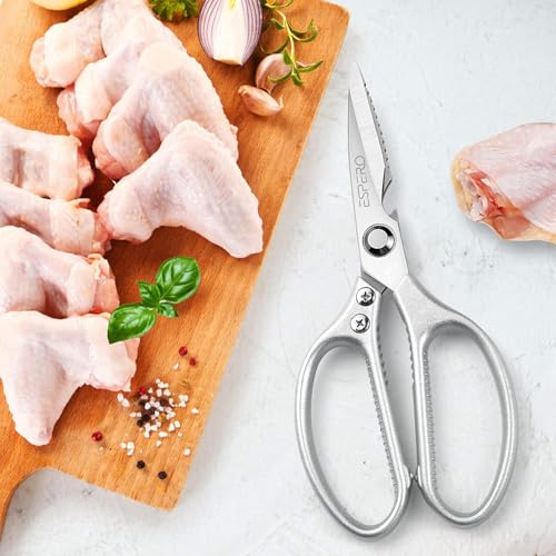 Image of ESPERO Multi Purpose Made In Japan Kitchen Scissors, food scissors,Premium Stainless Steel Solid Kitchen Shears for Meat, Seafood, Chicken, Vegetables, Herbs, BBQ, Bottle Opener (Silver)