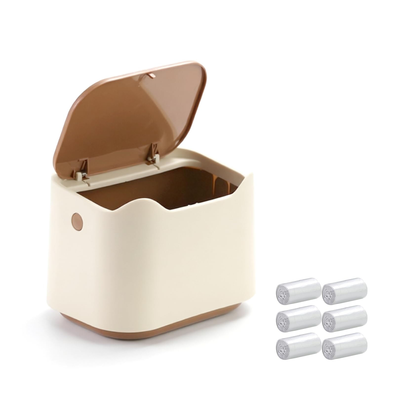 YAGGOOD Mini Desktop Bin with Lid, Cute Countertop Rubbish Bin with 6 Rolls of Bin Liners, Small Plastic Waste Basket for Office Desk, Kitchen, Bathroom, Vanity, Bedroom, Dorm(Beige and Brown)