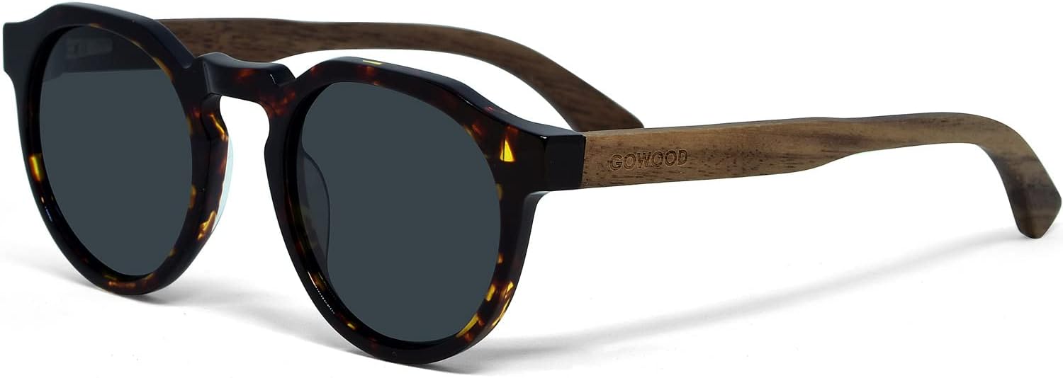 Sunglasses Men and Women Polarised Wood Panto Round Premium Wooden Temple with Acetate Frame Blackened Wooden Glasses UV400 Lenses Women and Men Sunglasses UV Protection
