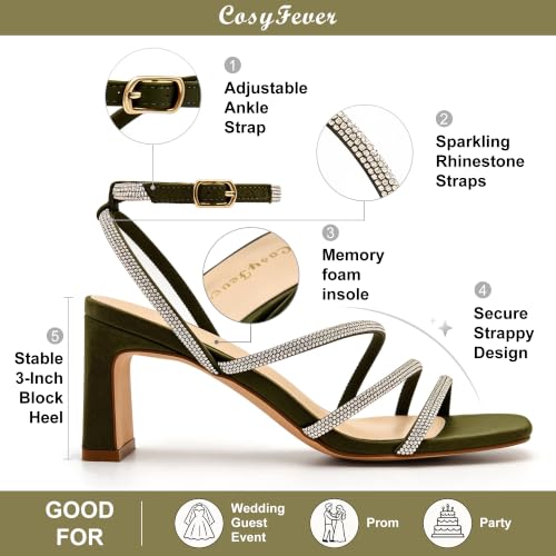 Image of CosyFever Women's Rhinestone Block Heels for Dressy Occasions, Strappy Ankle Strap Dress Heels, Square Toe Evening Heels for Wedding Guest, Prom, Party