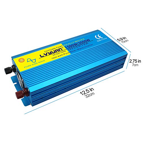 Cantonape 1500W Pure Sine Wave Inverter 12V to 110V/120V 3000W Peak Power Converter DC to AC with LCD Display, 3 AC Outlets for Car Boat Truck RV Solar Power