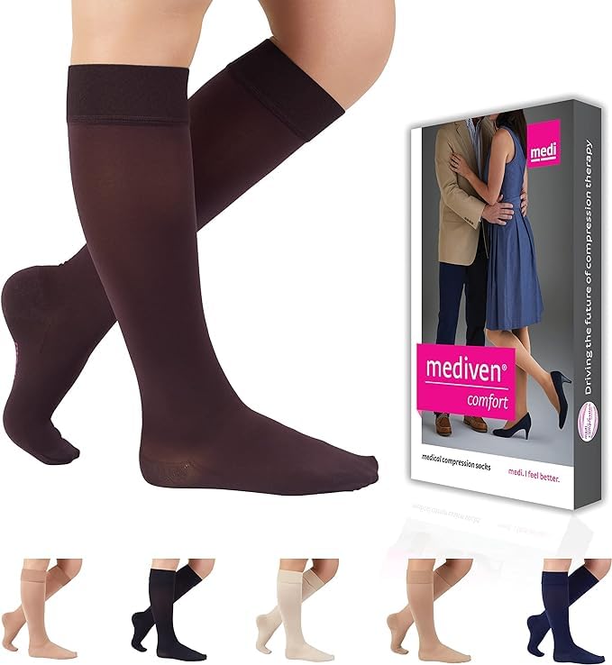 Image of Mediven Comfort Women's 20-30 mmHg Knee High Compression Stockings, Closed Toe, Semi-Transparent, Soft & Breathable Support for Leg Circulation, Work & Travel, V, Standard, Chocolate