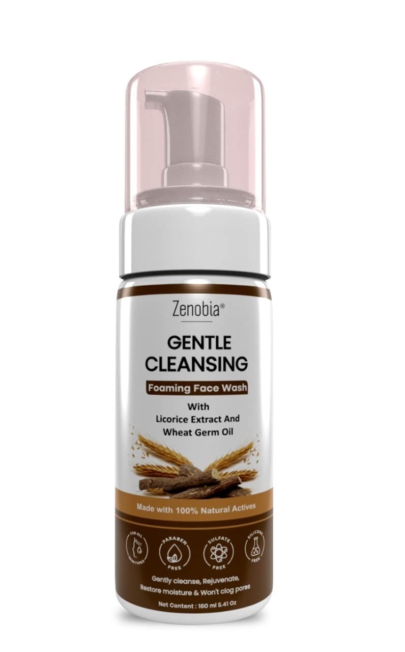 Zenobia Gentle Cleansing Foaming Face Wash – With Licorice Extract & Wheat Germ Oil- Reduce Itching- Lightly Foaming Rejuvenating Facial Cleanser, Gentle Non-Drying, Deep Clean, Refreshed Skin 160ml