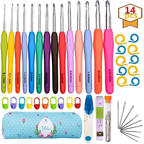 14 Sizes Crochet Hooks Set,2.25mm(B)-10mm(N) Ergonomic Crochet Needles with Case Soft Grip Handles Yarn for Arthritic Hands, Extra Long Crochet Needles Kit