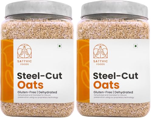 Image of Sattvic Foods Steel Cut Oats (1.5 kg) Scottish Oatmeal, Wholesome Breakfast Cereal - Gluten-Free & NON-GMO | High in Dietary Fibre & Protein | Make Porridge, Baked Goodies (Pack of 2)