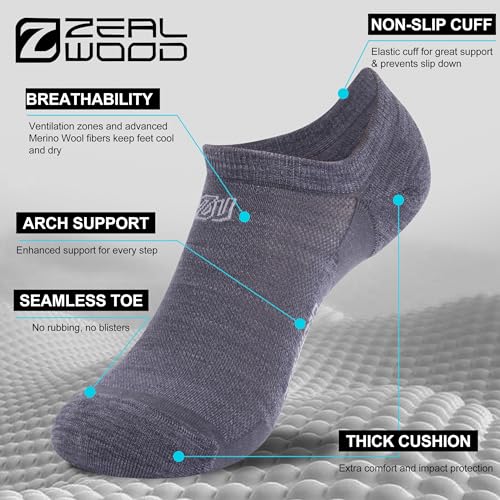 Image of ZEAL WOOD 3 Pairs Merino Wool No Show Athletic Socks For Men Women Ankle Running Golf Tennis Low Cut Hiking Socks