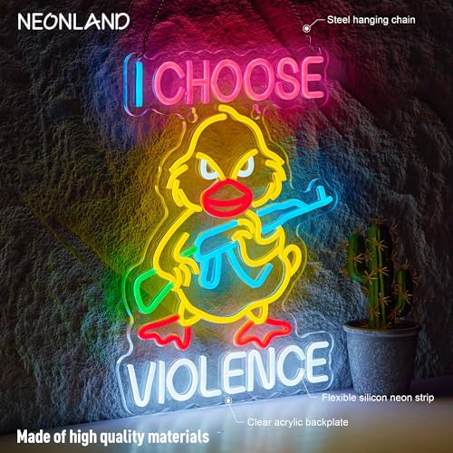 Image of I Choose Violence Duck Neon Sign Goose Gun LED Light AK 47 Decor, USB Powered Dimmable Morale Art Signs for Pub Store Man Cave Room 16.5 X 12.6 inch