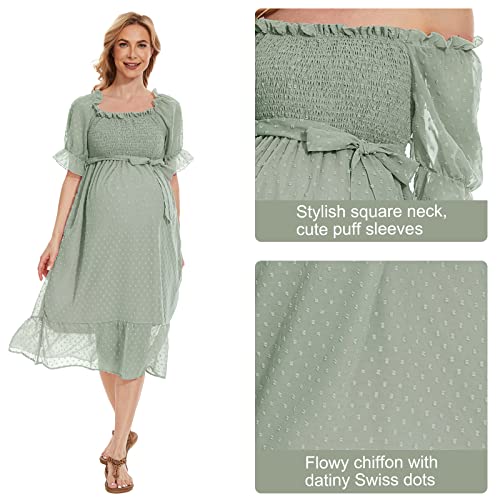 Square Neck Swiss Dot Puff Sleeve Maternity Dress For Photoshoot Baby Shower Casual Smocked Ruffle Hem Boho Flowy Midi Dress Large #TOP4