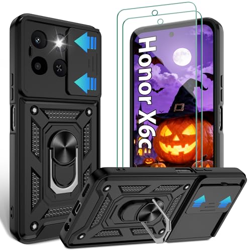 Jshru for Honor X6c Phone Case with Screen Protector Built-in Camera Protection Cover and Ring Kickstand Military Grade Shockproof Case Honor X6c-Black