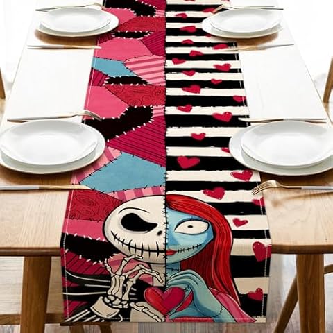Seliem Valentine's Day Jack Table Runner, Sally Red Love Heart Stripe Patch Holiday Kitchen Dining Table Decor, Anniversary Wedding Home Decoration Indoor Outdoor Party Supply 13x90 Inches Cover