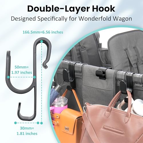 Image of Forward-Facing Stroller Wagon Support Bar + Hooks (2-Pack) Compatible with WONDERFOLD W4, Wagon Accessories for Kids, Multifunctional Double-Layer, Hanging Everything, Removable & Easy to Install.