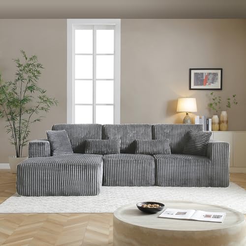 109" Modular L-Shaped Corner Cloud Sofa Corduroy Modular Couches with Deep Seat, 4 Pieces Compressed Boneless Sofa W/Right Chaise Lounge and 4 Pillows for Living Room