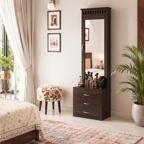 Image of SONA ART & CRAFTS Solid Sheesham Wood Dressing Table with Storage Mirror & 3 Drawers, & 1 Door Storage for Living Room Bedroom Wooden Make Up Vanities Dresser for Bedroom Home (Walnut Finish)