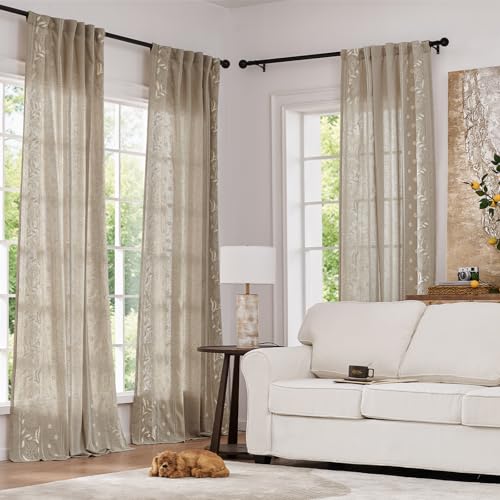 Image of jinchan Taupe Floral Linen Curtains for Living Room 63 inch Back Tab 2 Panels