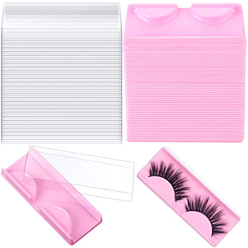 100 Packs False Eyelash Storage Box with Eyelash Tray, Empty Fake Eyelash Packaging Box Plastic Eyelash Care Storage Cases for Women Girls (Pink)