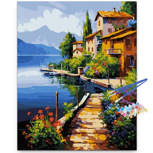 Artunion Lakeside Village Docks Paint by Numbers for Adults, Seadide Landscape Lake Paint by Number Kits, DIY Oil Painting Paint by Number Kits on Canvas Arts Craft for Home Wall Decor 16x20 Inch