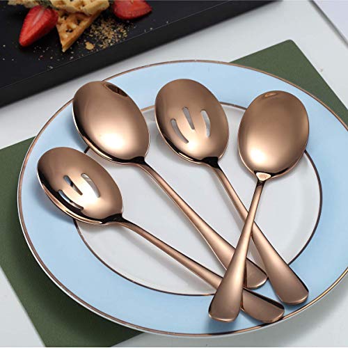 Rose Gold Serving Spoons 4 Pieces, Kyraton Titanium Plating Serving Spoon, Include 2 Serving Spoon And 2 Slotted Spoons, Stainless Steel Serving Utensils, Serving Set Packing of 4