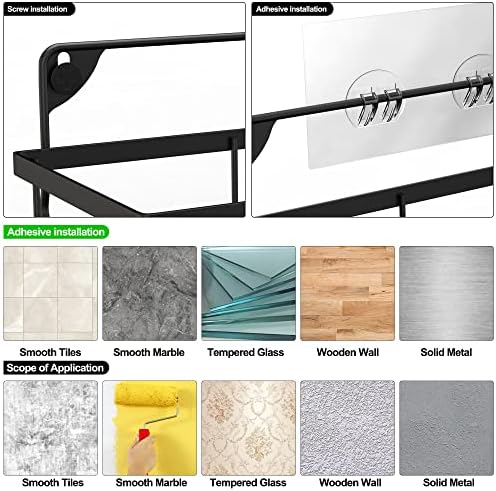 Kalawen 4 Pack (Black)Shower Caddy Shelf with Hooks Storage Rack Organiser Adhesive Metal Shower Rack without Drilling Wall Mounted for Bathroom, Lavatory, Washroom, Restroom, Shower, Kitchen