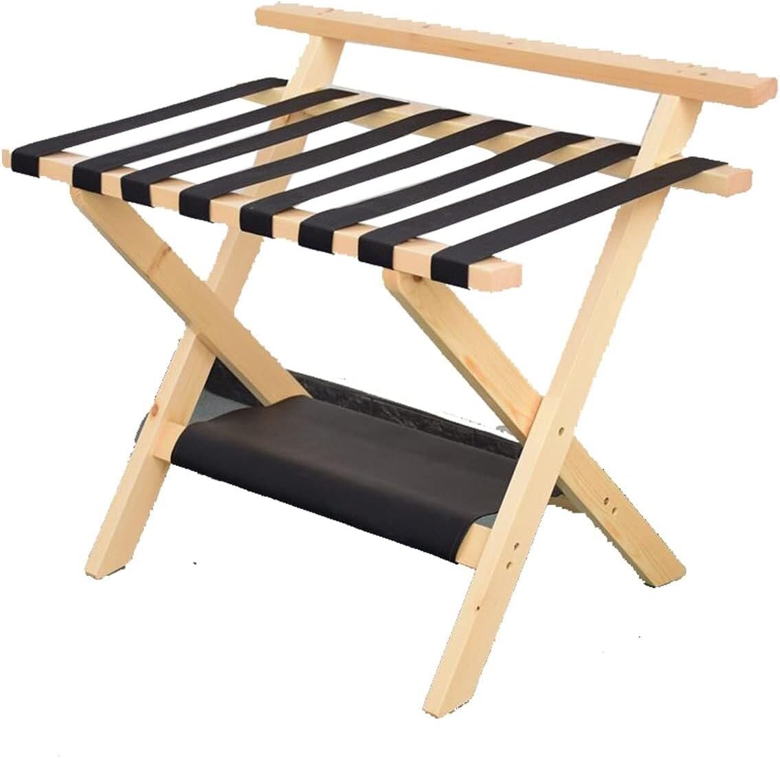 Double-Layer Wooden Folding Luggage Rack, Bedroom Suitcase Stand with Nylon Webbing Strap, Space-Saving, No Assembly Required(Brown)