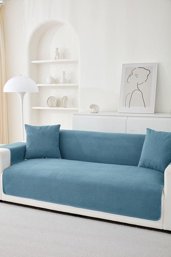 Image of HOMETHREADS Innovative Premium Sofa Cover Set with PVC Backing for Non-Slip Comfort (Blue, 2 Seater Large | 176x140cm)