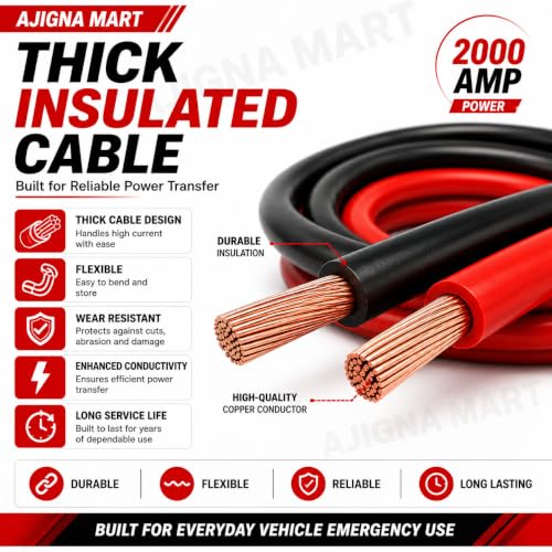 Image of AJIGNA MART 2000 AMP Booster Cable for Car Battery | Premium Heavy Duty Jumper Cable with Alligator Wire Clamps | Jump Start for Dead Batteries | Off-Road Emergency Auto Cable