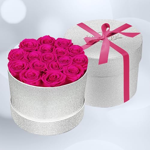 17 Hot Pink Flowers in Glitter Box, Birthday Gifts for Women, Preserved Flowers, Mothers Day Roses Gift for Mom