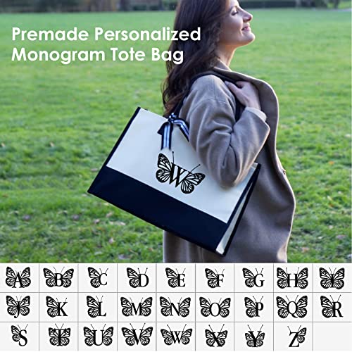 Gift Ideas, For Women, Unique Embroidery Personalized Initial Canvas Tote Bag, Cool Birthday Beach Christmas Womens Butterfly Gifts For Her Mom Woman Sister Teacher Best Friend Female, Letter W #TOP1