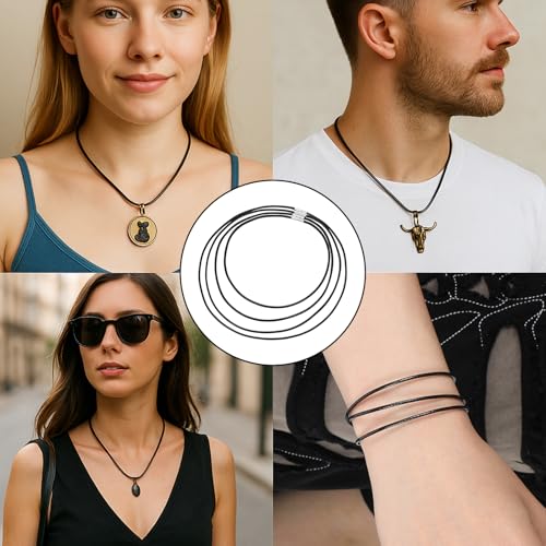 4 Stk Lederband Halskette 3mm,Schwarz Kunstleder Halskette,Kunstleder Lederband mit Verschluss,Geflochten Kunstlede Halskett,Armband Lederkette Herren,4 Größe Kautschuk Kette für DIY Anhänger Schmuck