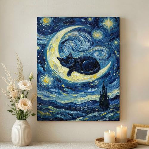 Toile murale abstraite chat nuit étoilée déco salon chambre